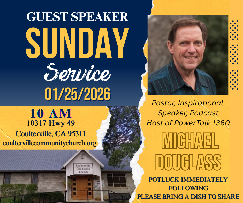 Image of a church exterior with a sign that reads 'Coulterville Community Church' and a wooden door.